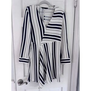 navy blue dress for baby girl Zara Dress Striped Crepe Asymmetric Hem Short Sleeve Tan Black White Size  Small